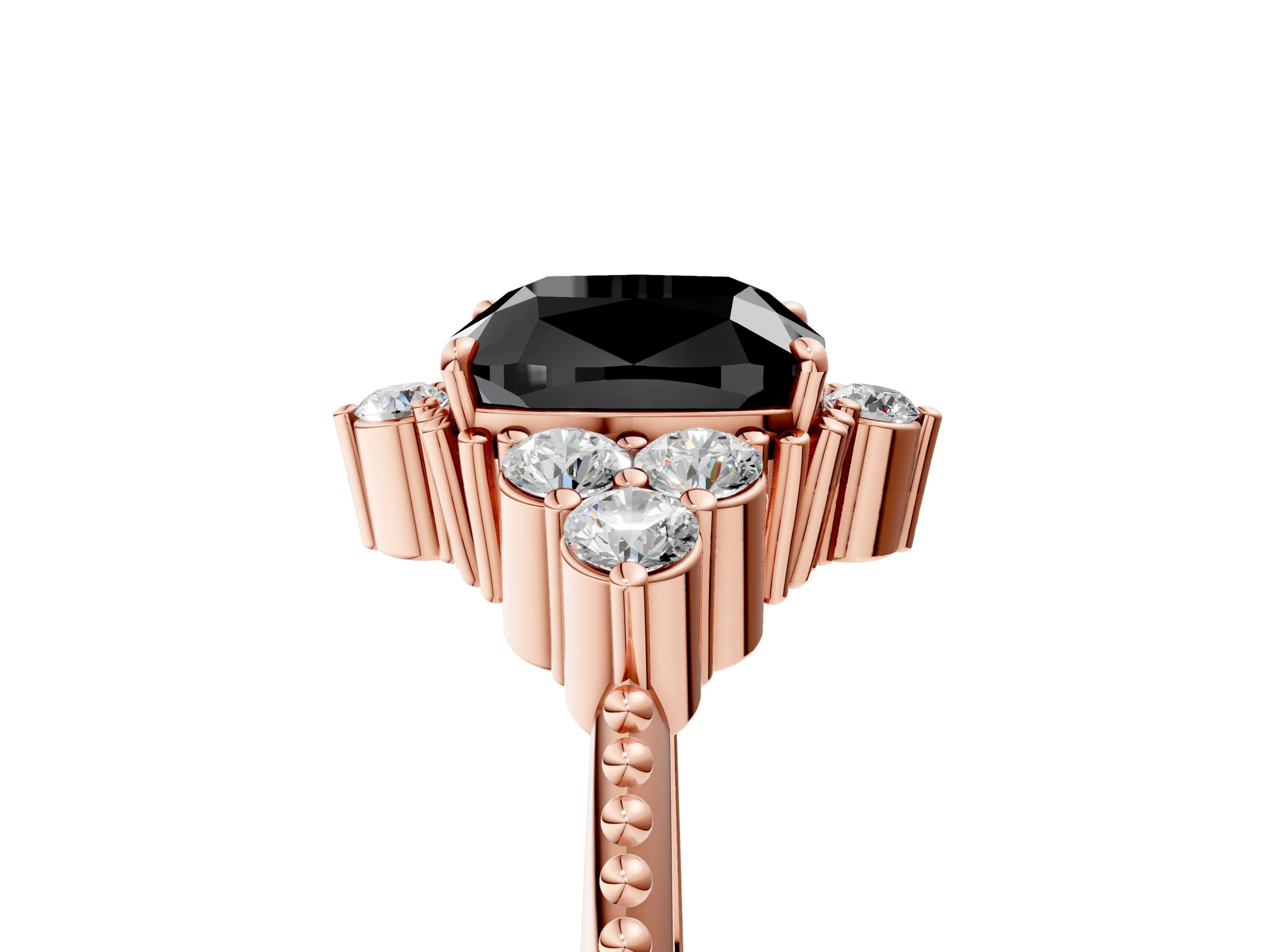 Rose gold Fancy Black Cushion Cut Brilliant Diamond with Cluster Setting on a Beaded Band and Four-Prong Setting_5