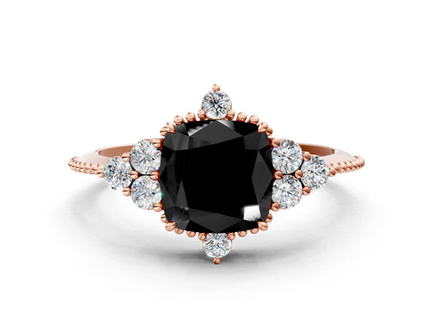 Rose gold Fancy Black Cushion Cut Brilliant Diamond with Cluster Setting on a Beaded Band and Four-Prong Setting