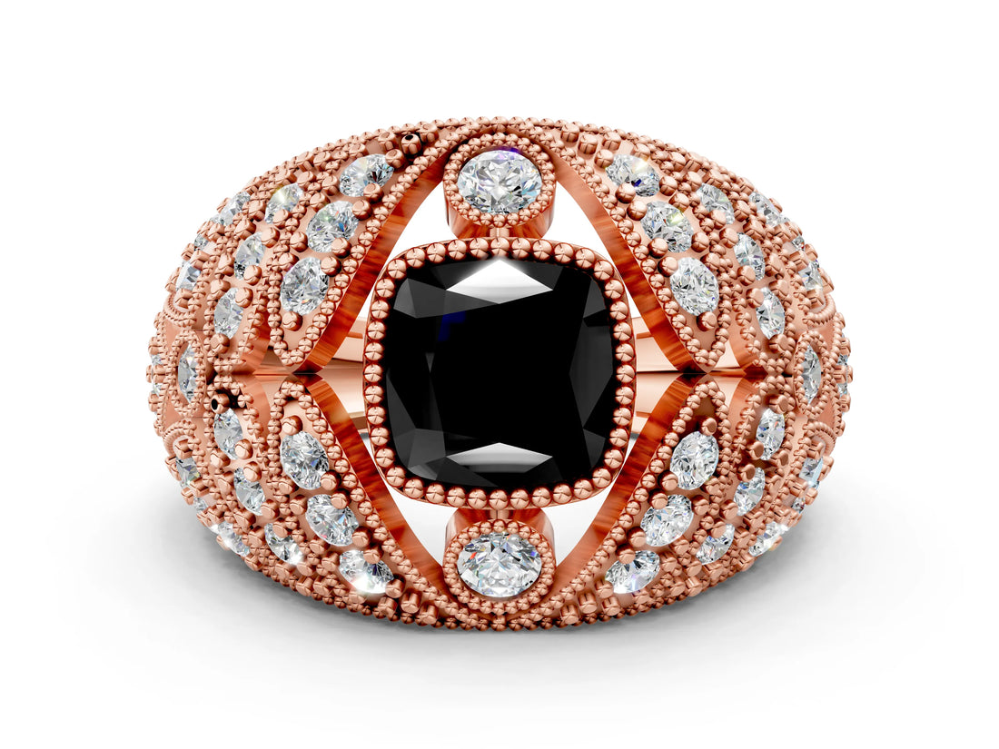 Rose gold Fancy Black Cushion Cut Brilliant Halo Pave Diamond Milgrain Ring