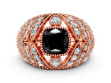Rose gold Fancy Black Cushion Cut Brilliant Halo Pave Diamond Milgrain Ring