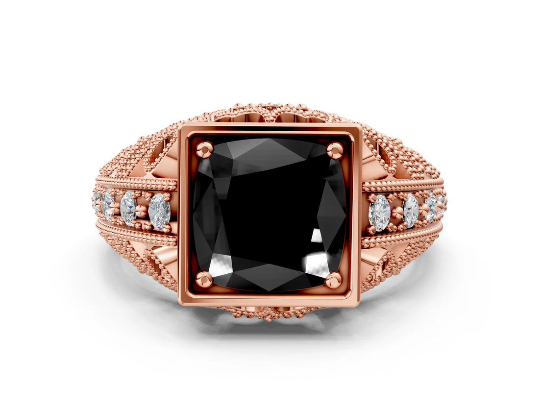 Rose gold Fancy Black Cushion Cut Brilliant Milgrain Filigree Diamond Ring with Square Prong Setting