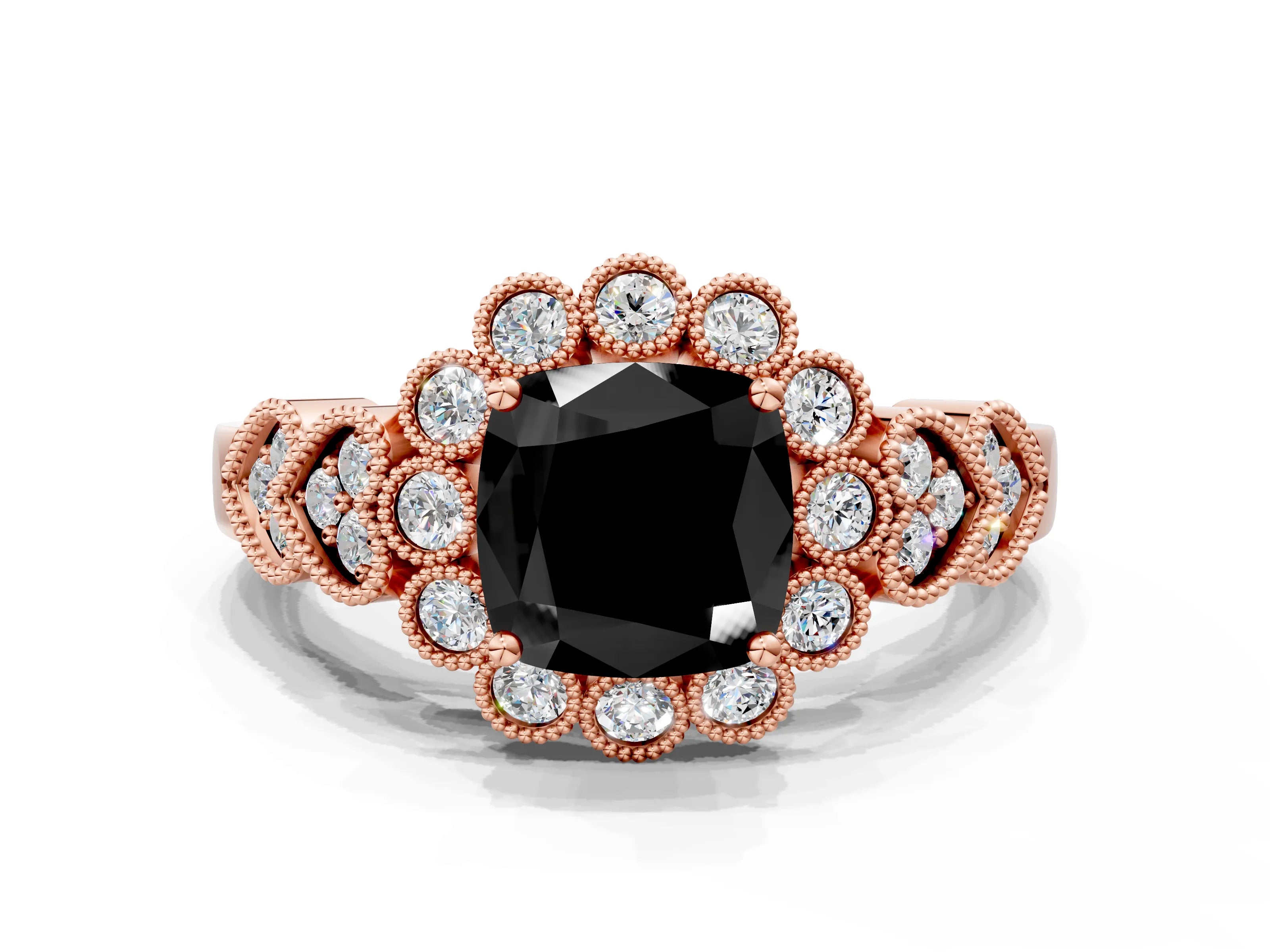 Rose gold Fancy Black Cushion Cut Brilliant Milgrain Pave Heart Band Solitaire Ring