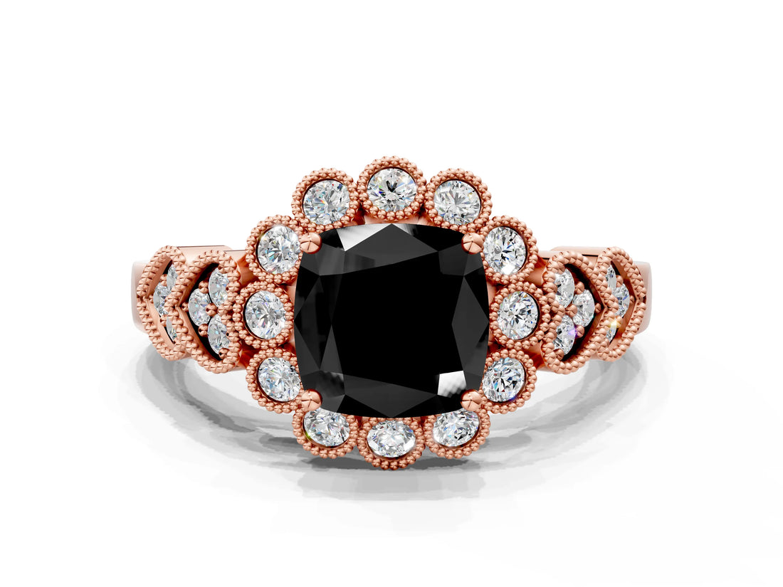 Rose gold Fancy Black Cushion Cut Brilliant Milgrain Pave Heart Band Solitaire Ring