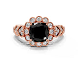 Rose gold Fancy Black Cushion Cut Brilliant Milgrain Pave Heart Band Solitaire Ring