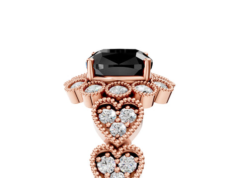 Rose gold Fancy Black Cushion Cut Brilliant Milgrain Pave Heart Band Solitaire Ring_5