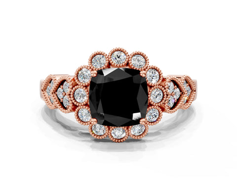 Rose gold Fancy Black Cushion Cut Brilliant Milgrain Pave Heart Band Solitaire Ring