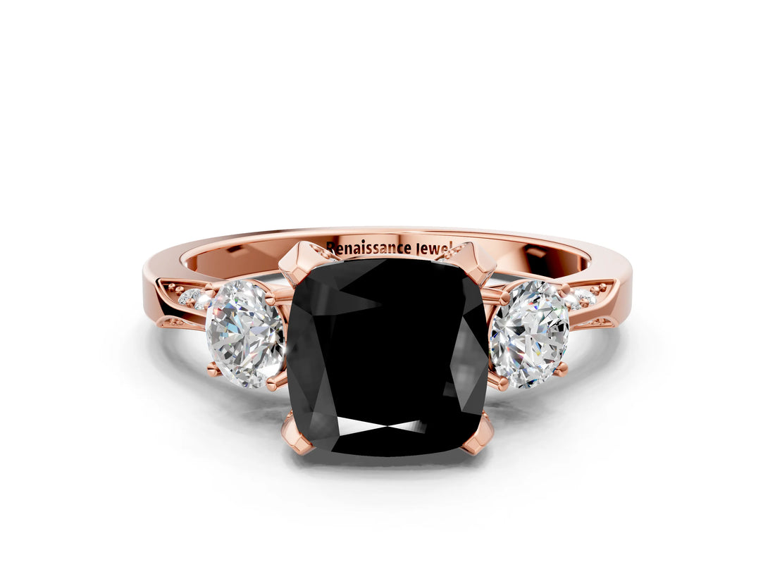 Rose gold Fancy Black Cushion Cut Brilliant Three-Stone Diamond Ring with Pavé Band and Four-Prong Setting_12