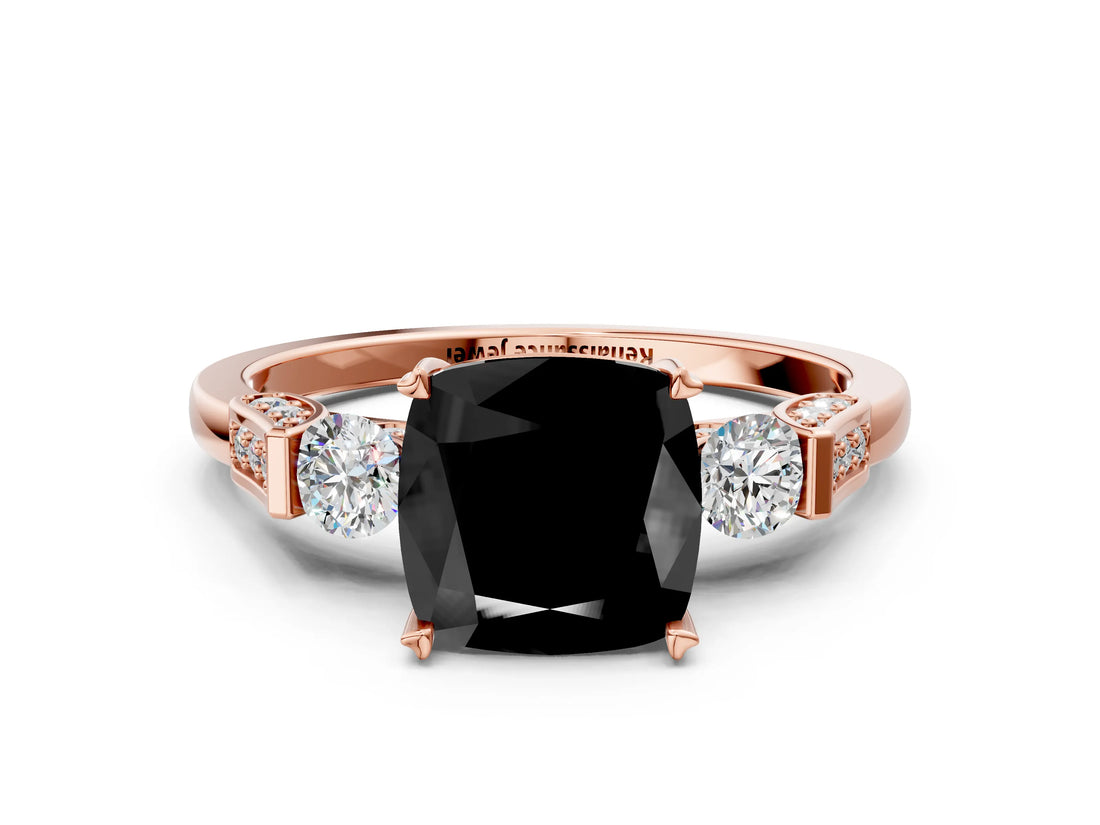 Rose gold Fancy Black Cushion Cut Brilliant Three-Stone Pave Band with Four-Prong Setting