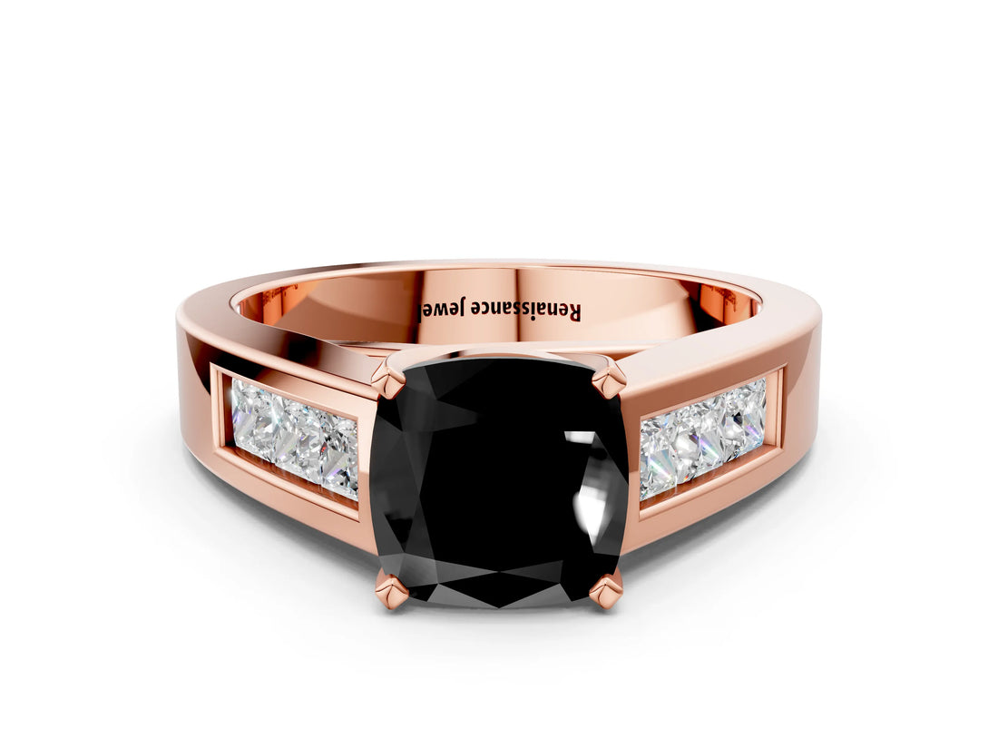 Rose gold Fancy Black Cushion Cut Cut Channel Set Solitaire Ring with Four-Prong Setting