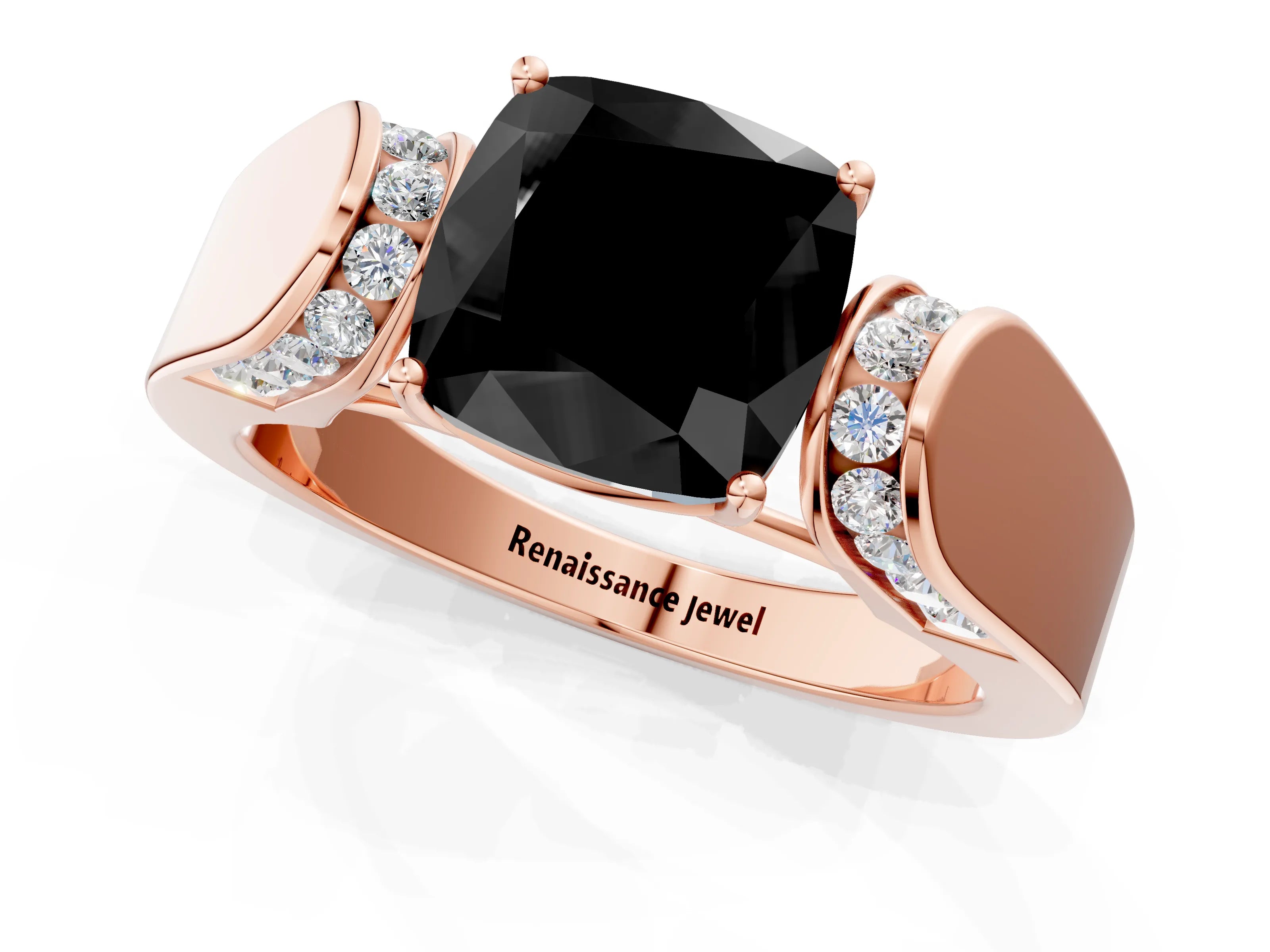Rose gold Fancy Black Cushion Cut Cut Diamond Channel Set Solitaire Ring with Four-Prong Setting_1