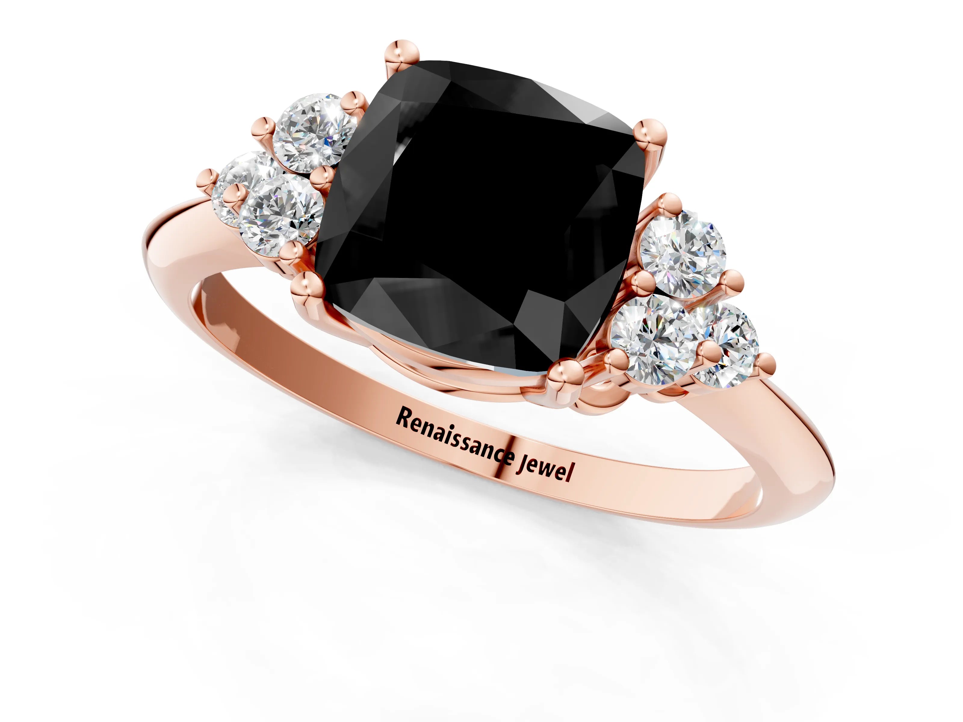 Rose gold Fancy Black Cushion Cut Cut Diamond Cluster Ring with Solitaire Band and Four-Prong Setting_13