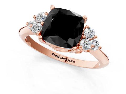 Rose gold Fancy Black Cushion Cut Cut Diamond Cluster Ring with Solitaire Band and Four-Prong Setting_13