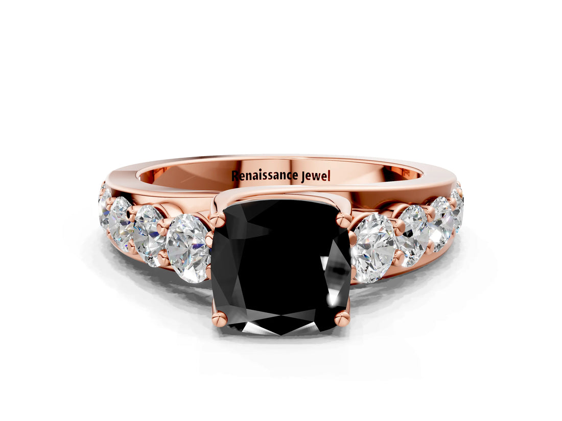 Rose gold Fancy Black Cushion Cut Cut Diamond Engagement Ring with Pavé Band and Four-Prong Setting