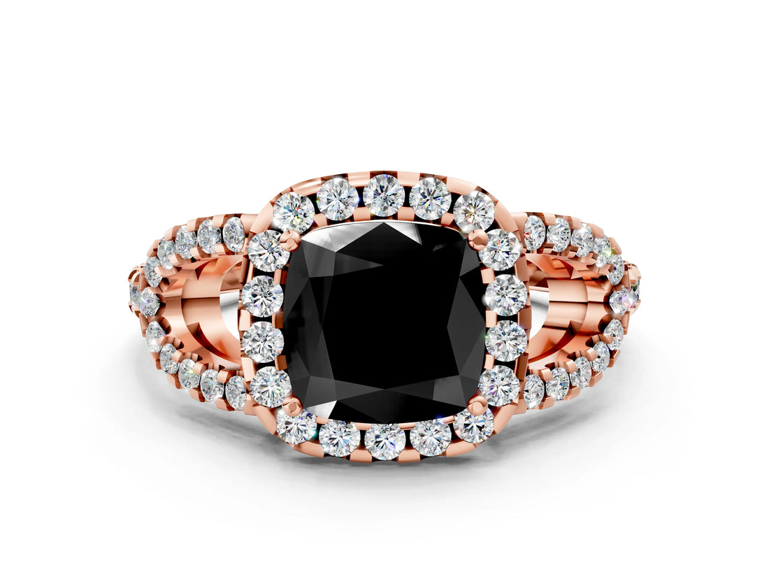 Rose gold Fancy Black Cushion Cut Cut Diamond Halo Engagement Ring with Open Split Pavé Band
