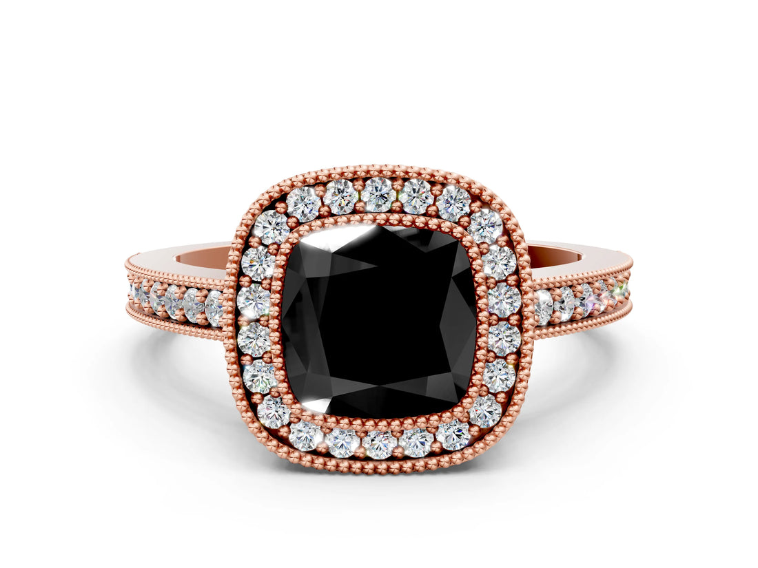 Rose gold Fancy Black Cushion Cut-Cut Diamond Halo Engagement Ring with Pave Band and Prong Setting