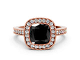 Rose gold Fancy Black Cushion Cut-Cut Diamond Halo Engagement Ring with Pave Band and Prong Setting
