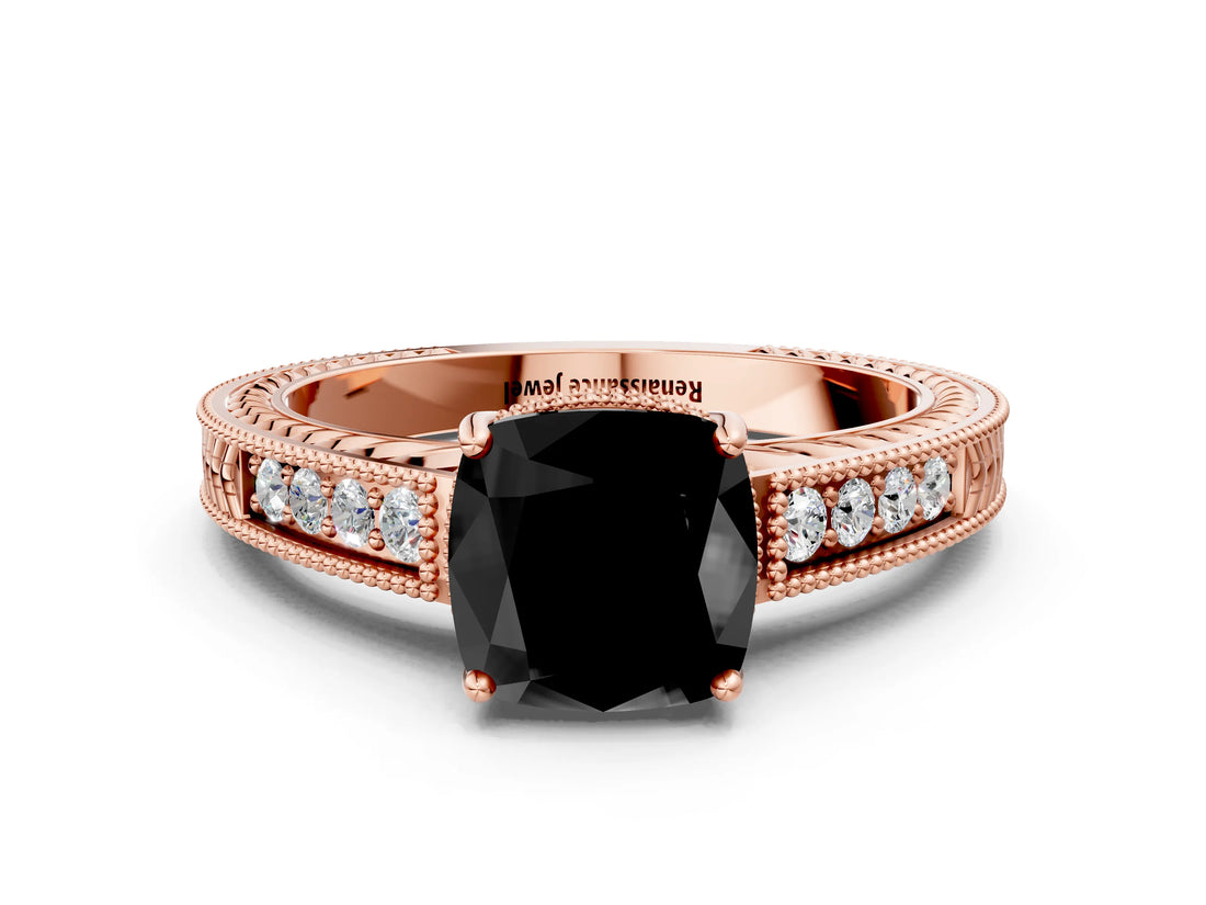 Rose gold Fancy Black Cushion Cut Cut Diamond Milgrain Pave Band Four-Prong Setting Ring_3