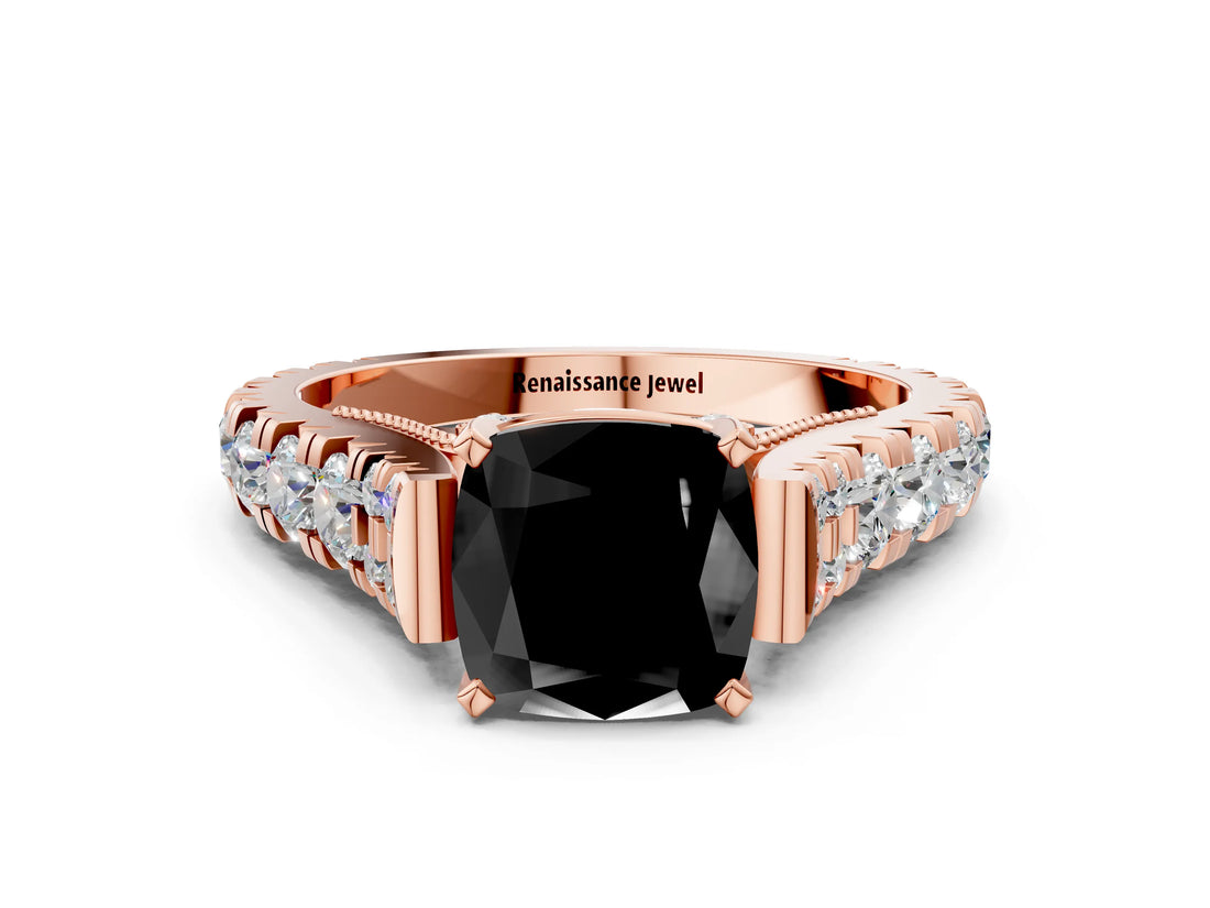 Rose gold Fancy Black Cushion Cut Cut Diamond Pavé Band Solitaire with Four-Prong Setting