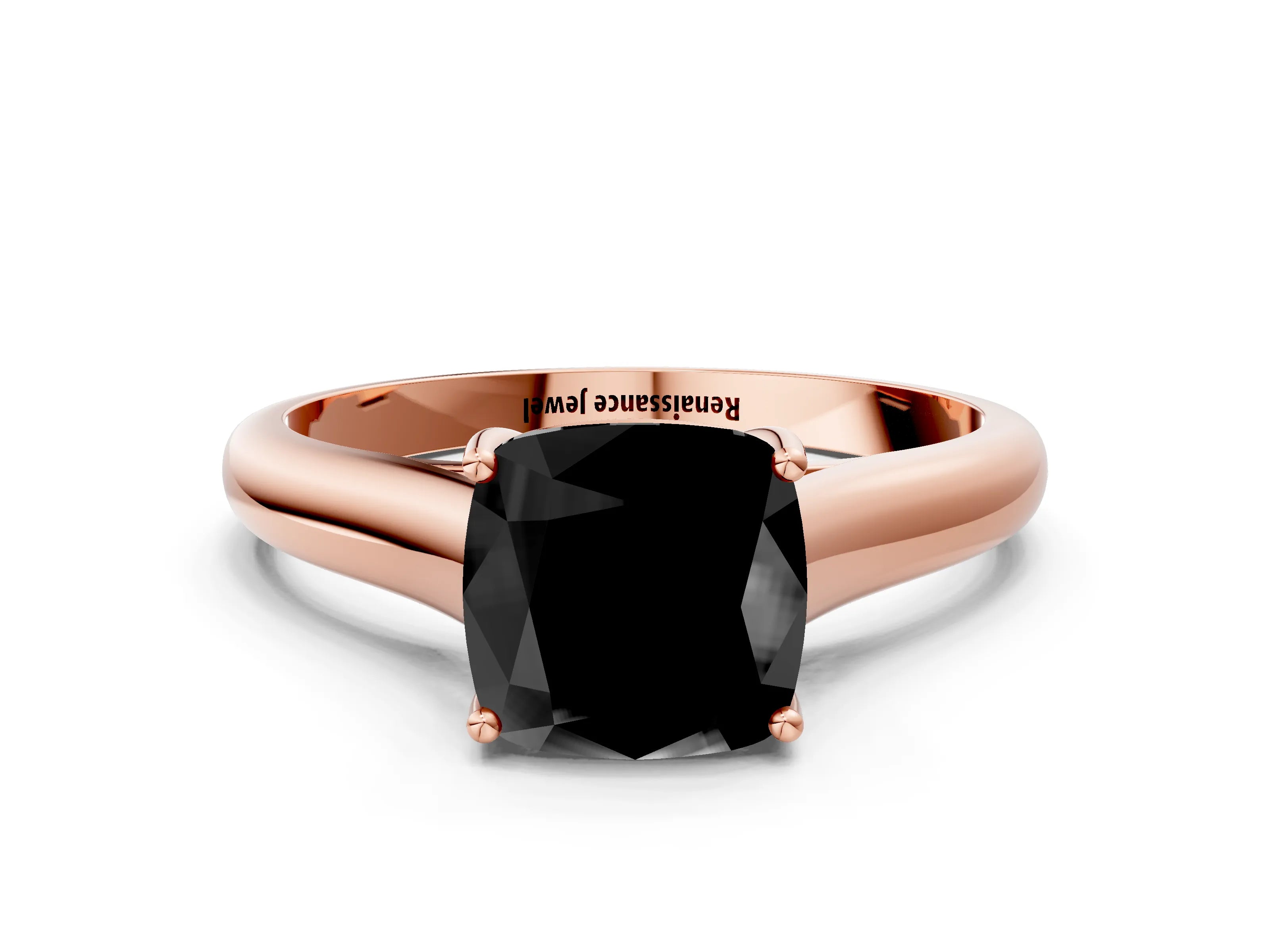 Rose gold Fancy Black Cushion Cut Cut Diamond Solitaire Engagement Ring with Tapered Plain Band and Four-Prong Setting