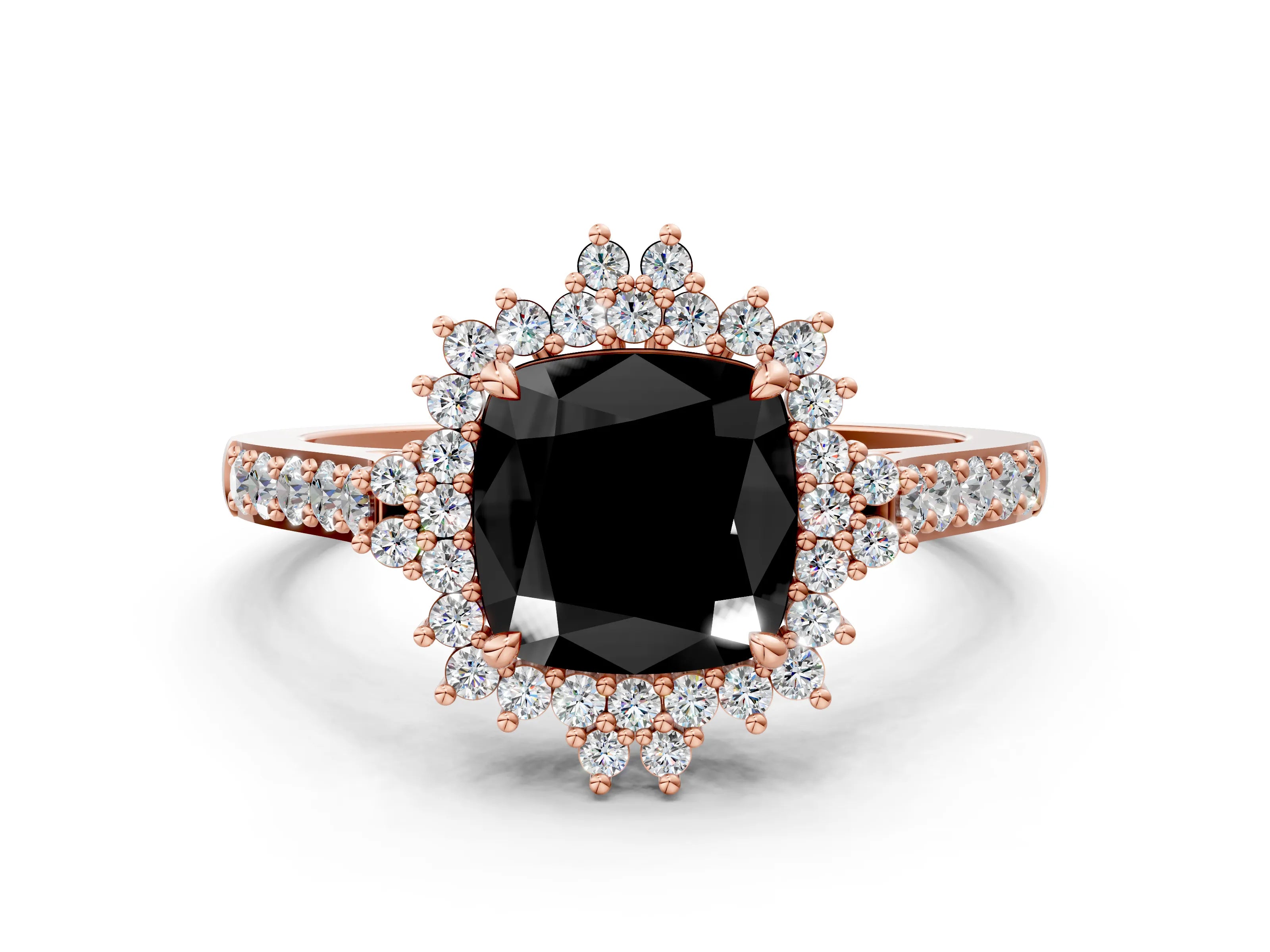 Rose gold Fancy Black Cushion Cut Cut Diamond Sunburst Halo Engagement Ring with Pavé Band