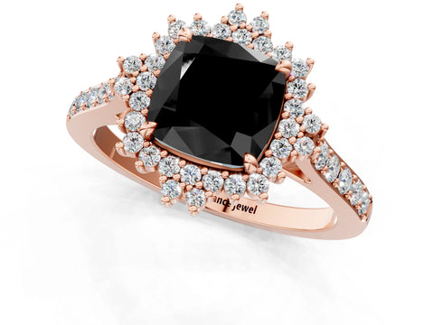 Rose gold Fancy Black Cushion Cut Cut Diamond Sunburst Halo Engagement Ring with Pavé Band_1