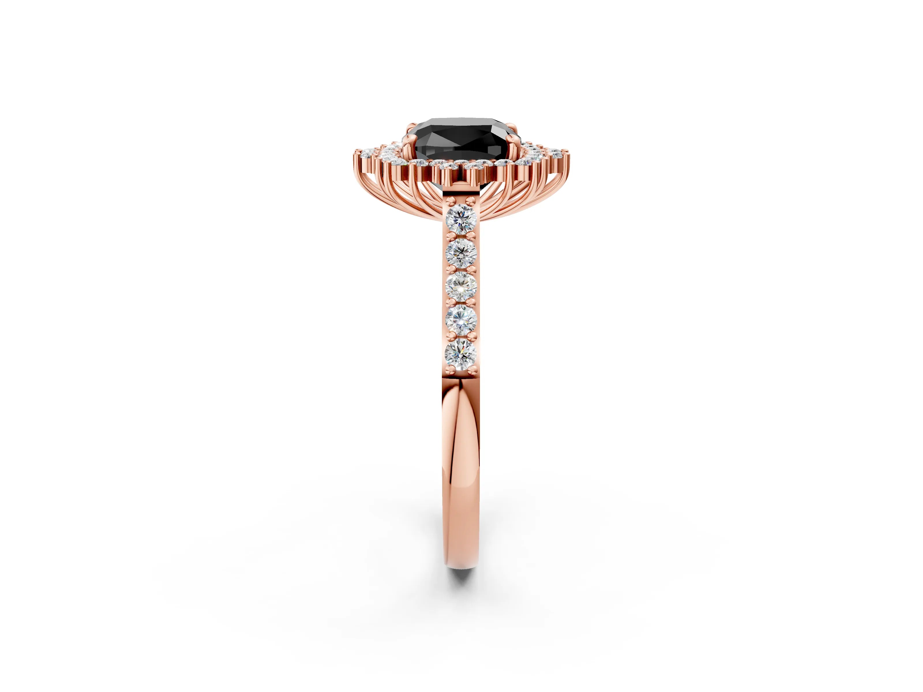 Rose gold Fancy Black Cushion Cut Cut Diamond Sunburst Halo Engagement Ring with Pavé Band_2