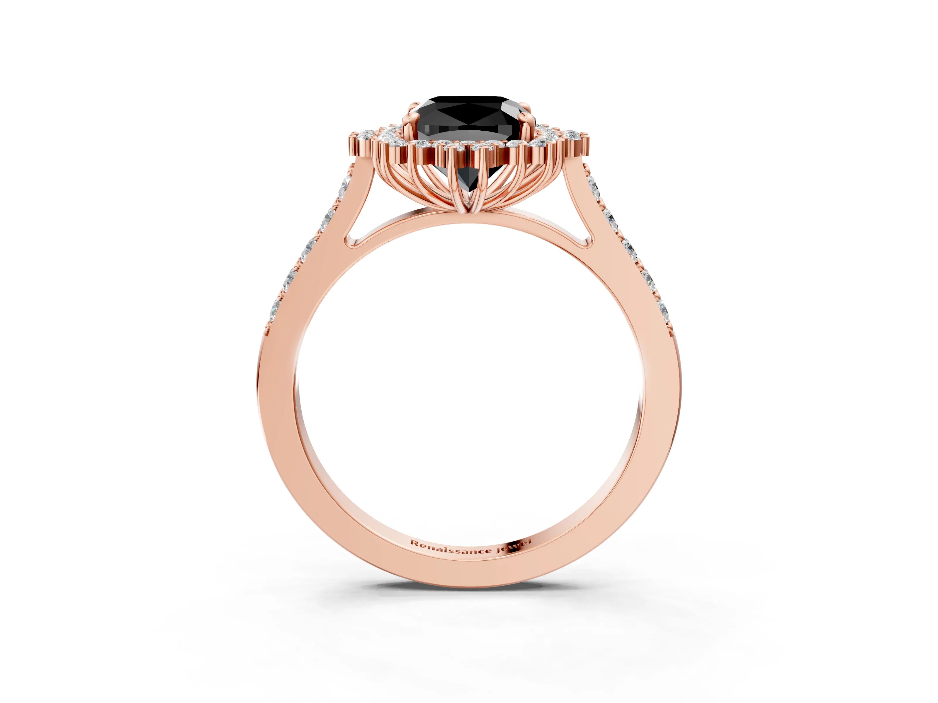 Rose gold Fancy Black Cushion Cut Cut Diamond Sunburst Halo Engagement Ring with Pavé Band_3