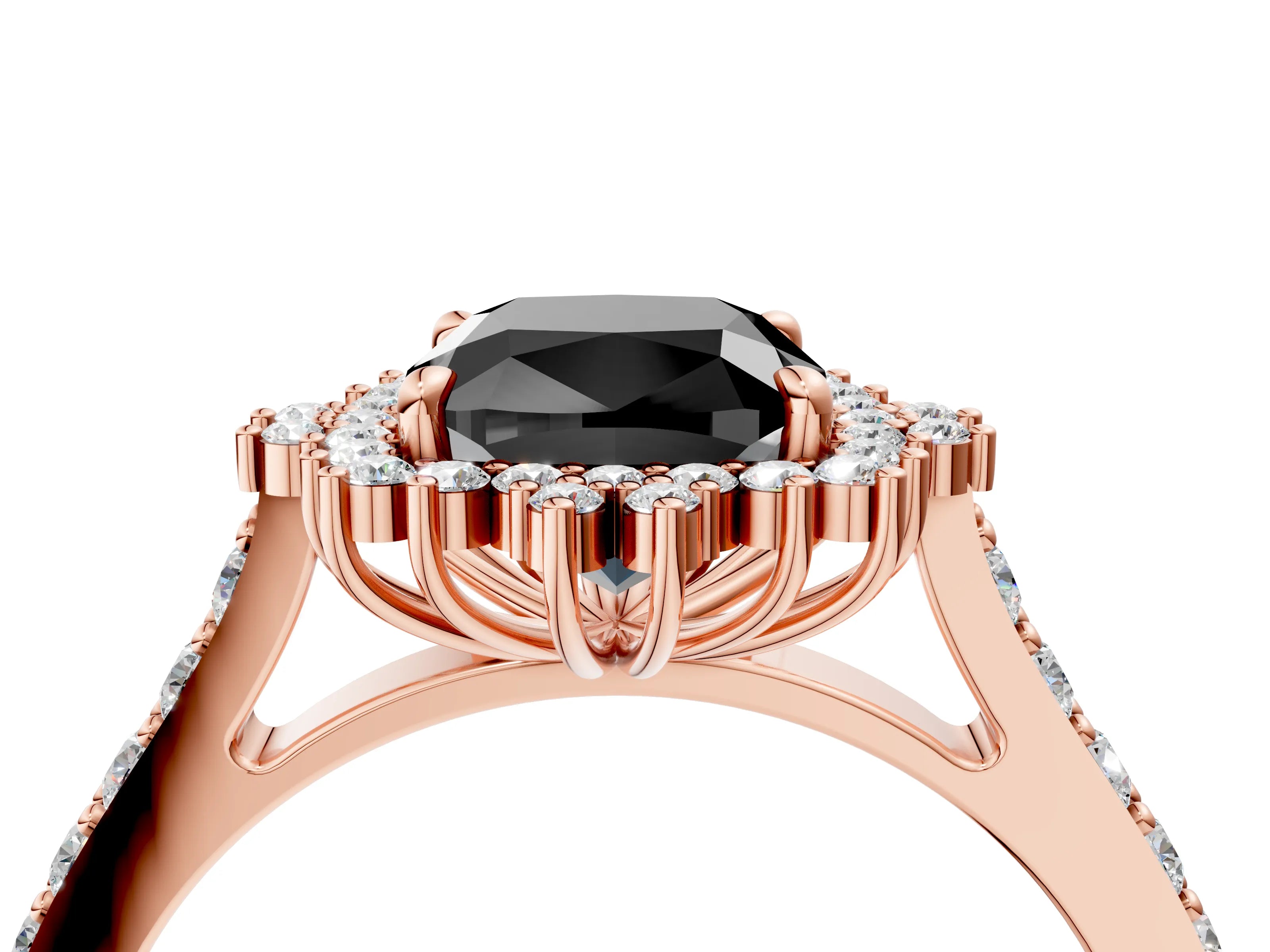 Rose gold Fancy Black Cushion Cut Cut Diamond Sunburst Halo Engagement Ring with Pavé Band_4