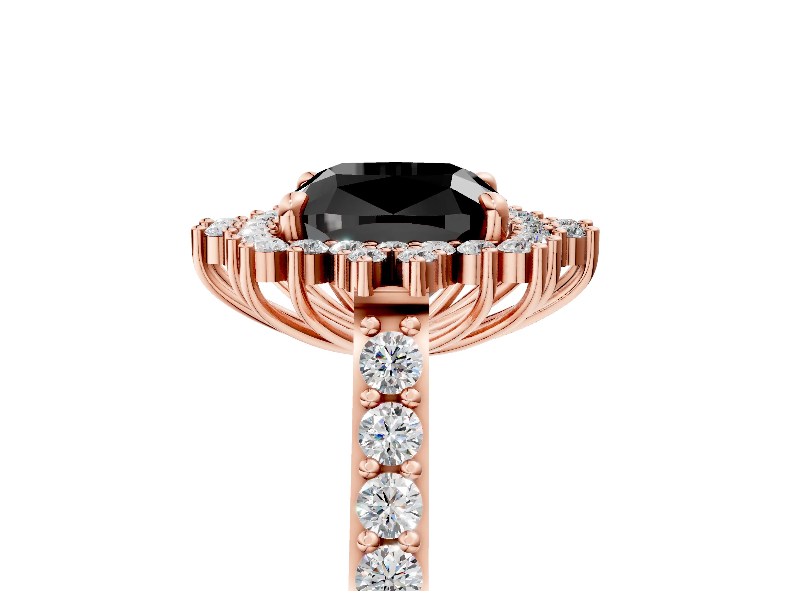 Rose gold Fancy Black Cushion Cut Cut Diamond Sunburst Halo Engagement Ring with Pavé Band_5