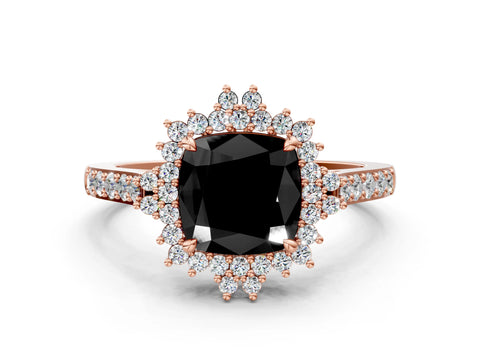 Rose gold Fancy Black Cushion Cut Cut Diamond Sunburst Halo Engagement Ring with Pavé Band