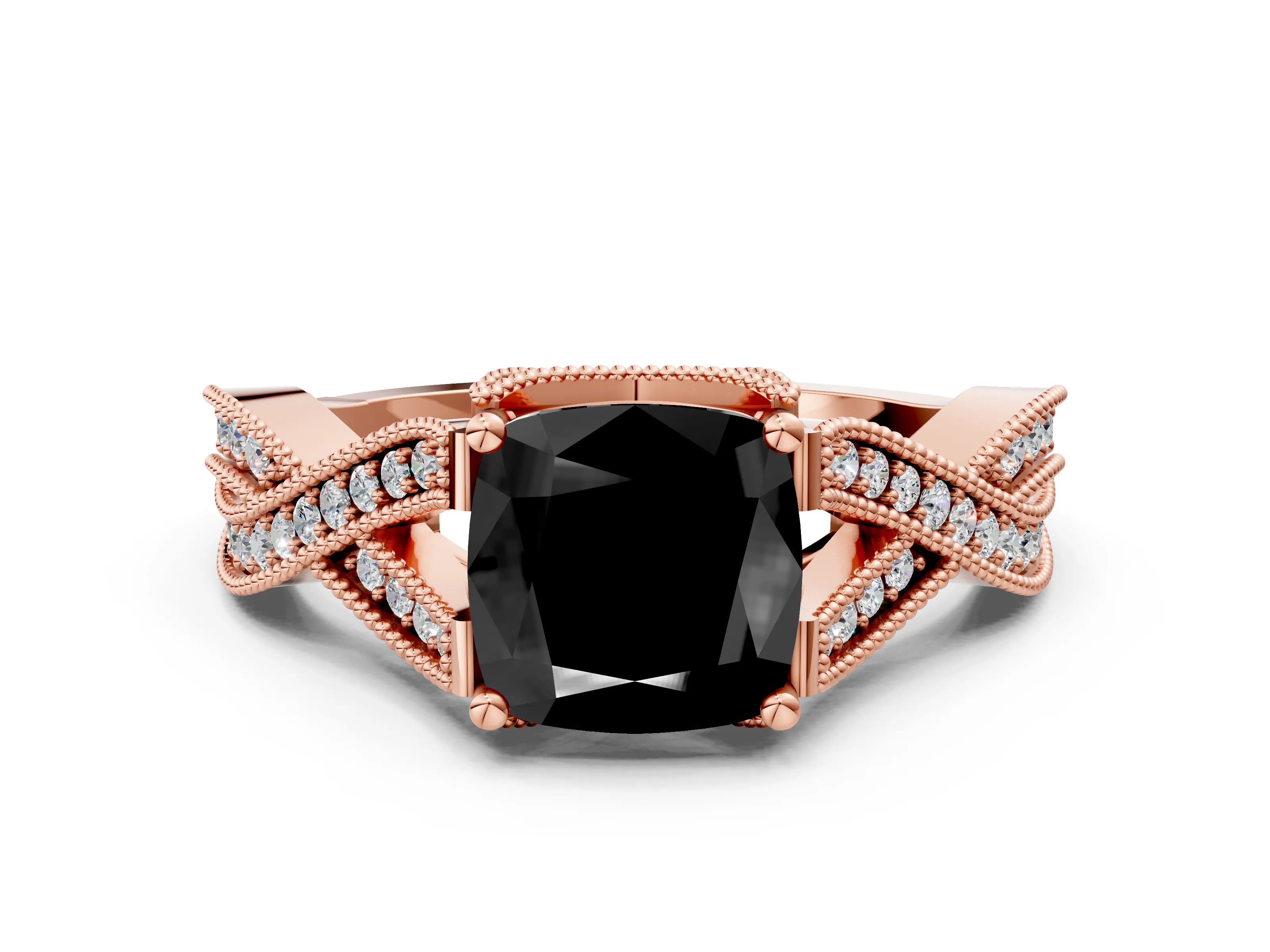Rose gold Fancy Black Cushion Cut Cut Diamond Twisted Band with Milgrain Pave Setting and Four-Prong Setting