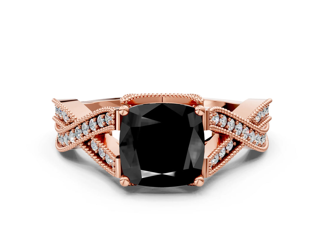 Rose gold Fancy Black Cushion Cut Cut Diamond Twisted Band with Milgrain Pave Setting and Four-Prong Setting