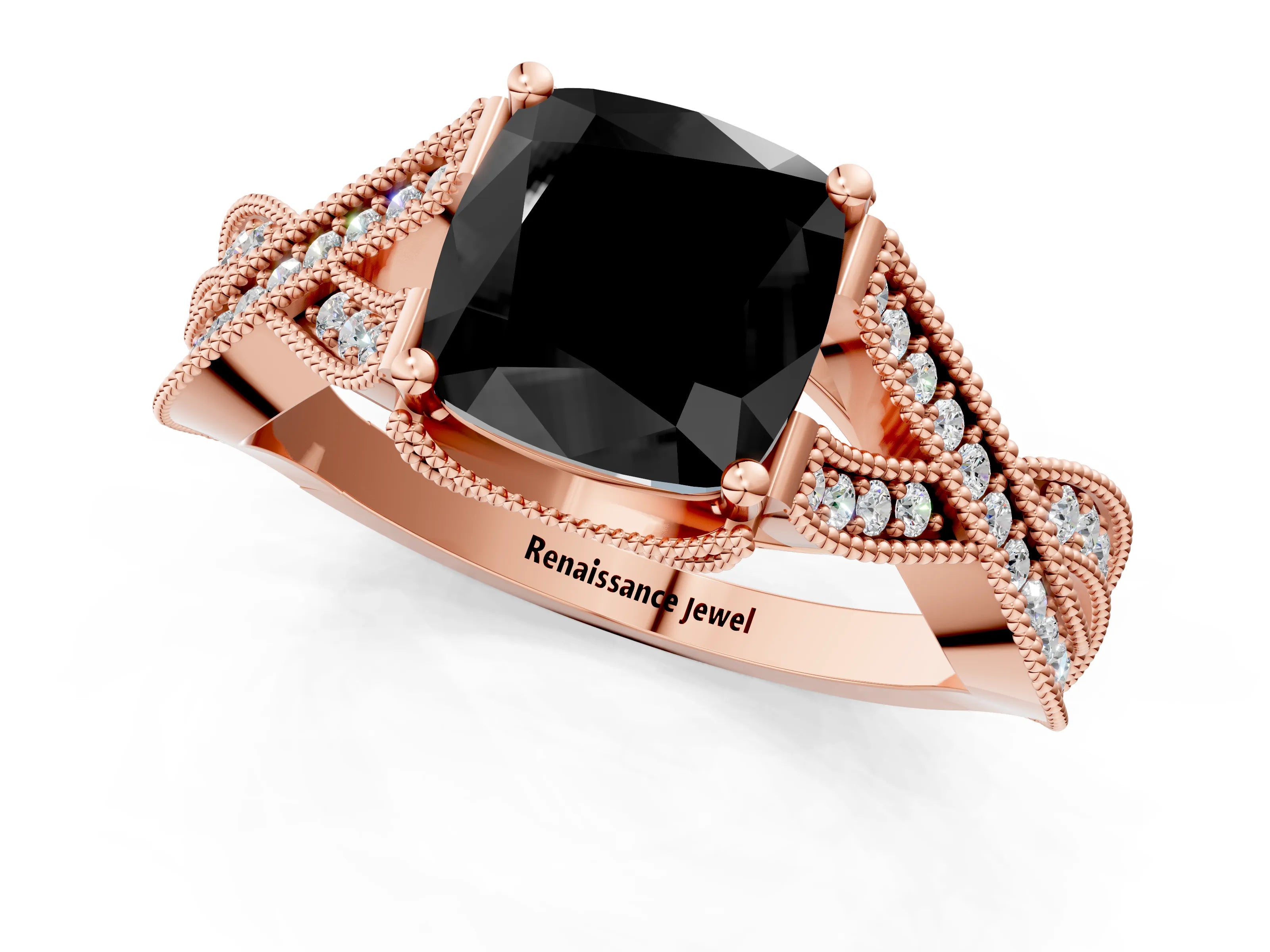 Rose gold Fancy Black Cushion Cut Cut Diamond Twisted Band with Milgrain Pave Setting and Four-Prong Setting_1