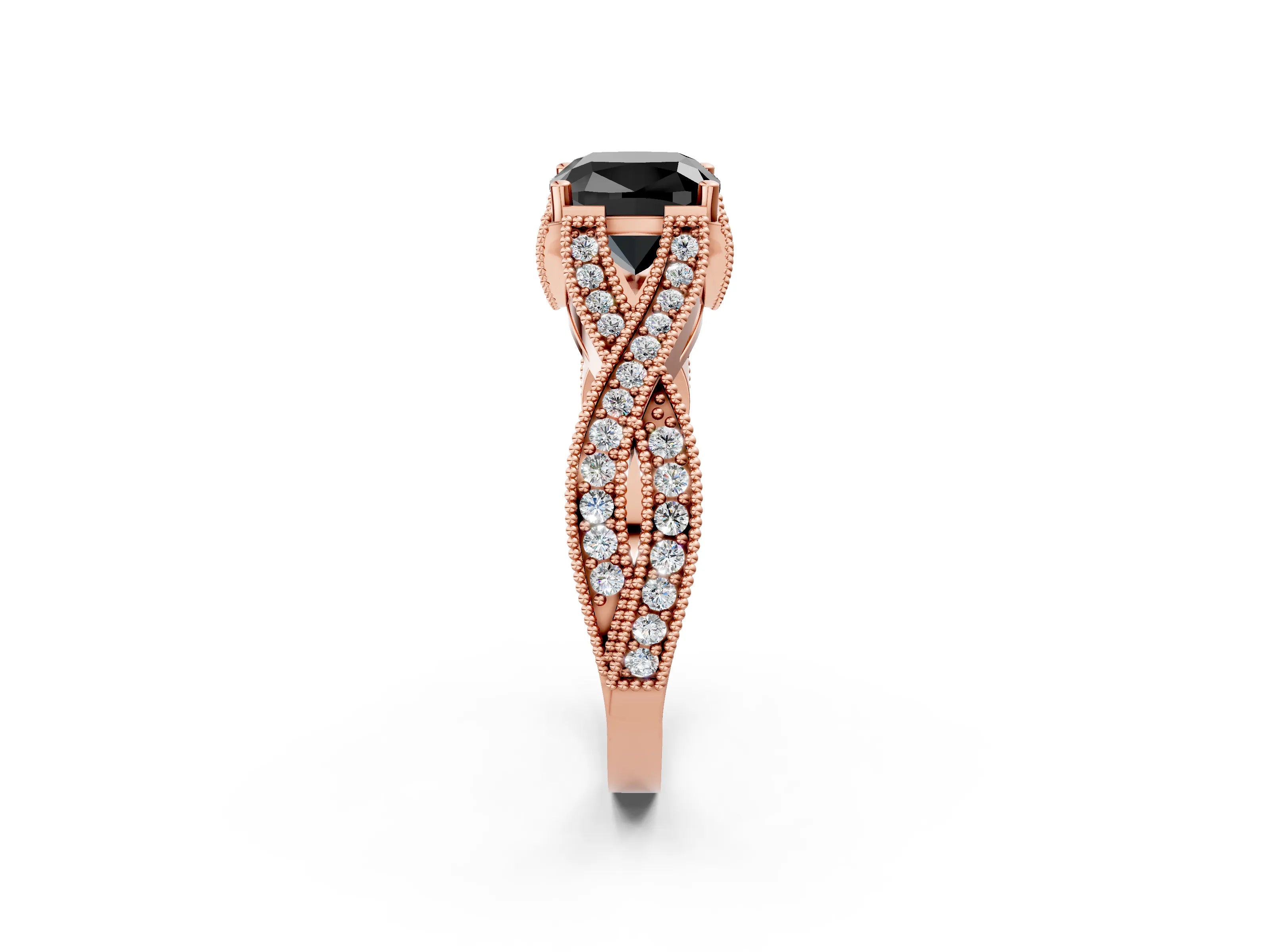 Rose gold Fancy Black Cushion Cut Cut Diamond Twisted Band with Milgrain Pave Setting and Four-Prong Setting_2