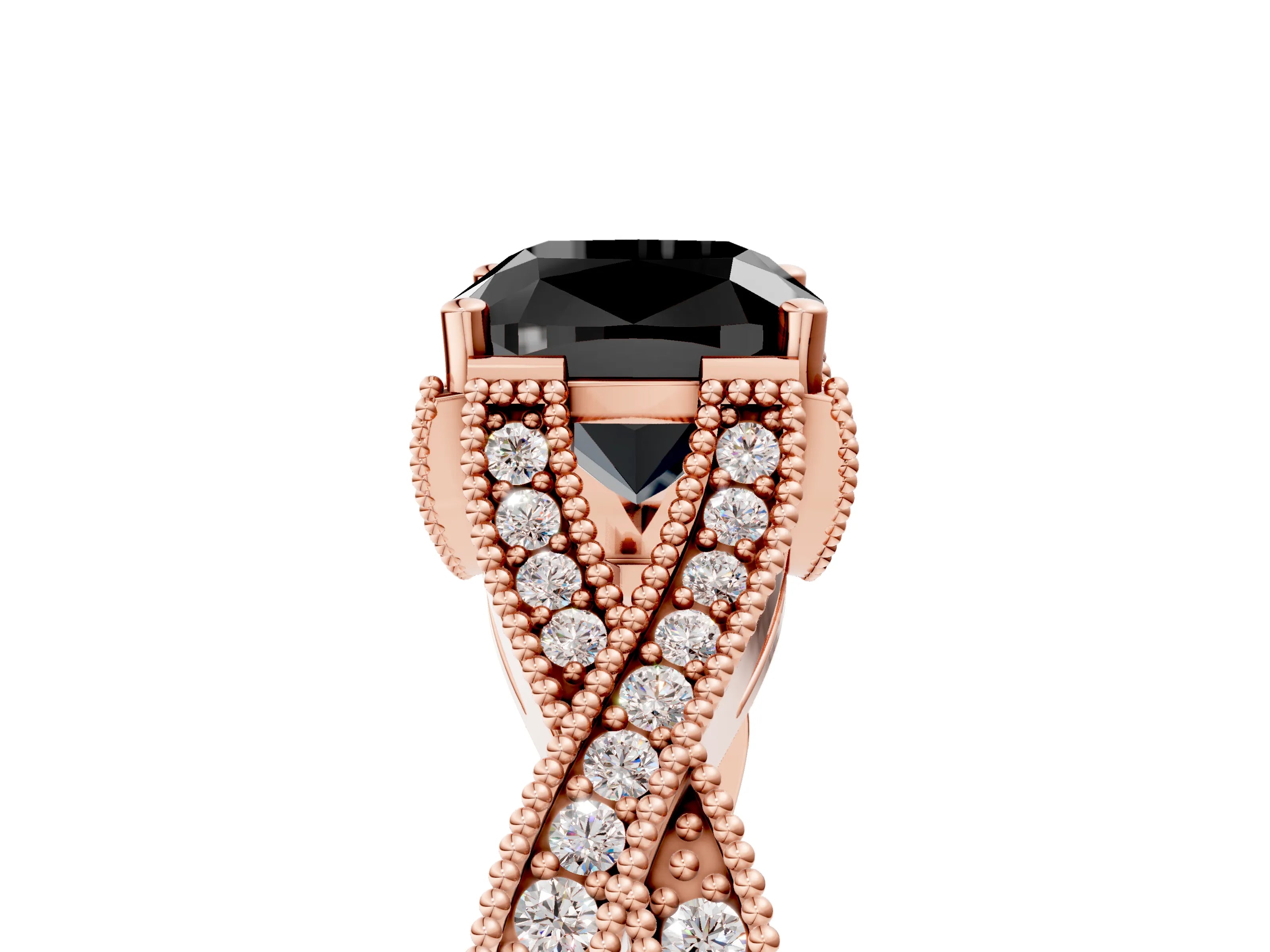Rose gold Fancy Black Cushion Cut Cut Diamond Twisted Band with Milgrain Pave Setting and Four-Prong Setting_5