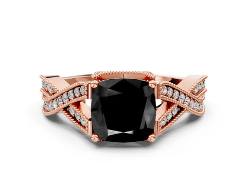 Rose gold Fancy Black Cushion Cut Cut Diamond Twisted Band with Milgrain Pave Setting and Four-Prong Setting