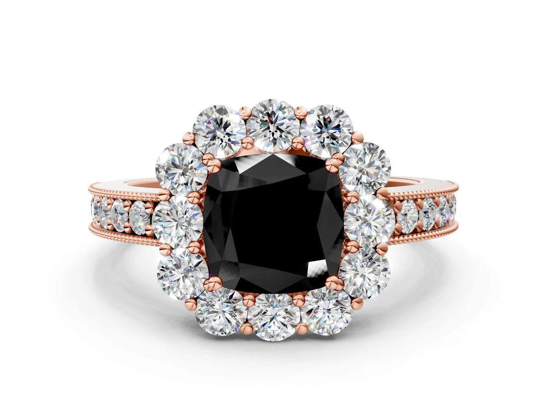 Rose gold Fancy Black Cushion Cut Cut Halo Diamond Pavé Engagement Ring with Milgrain Detailing