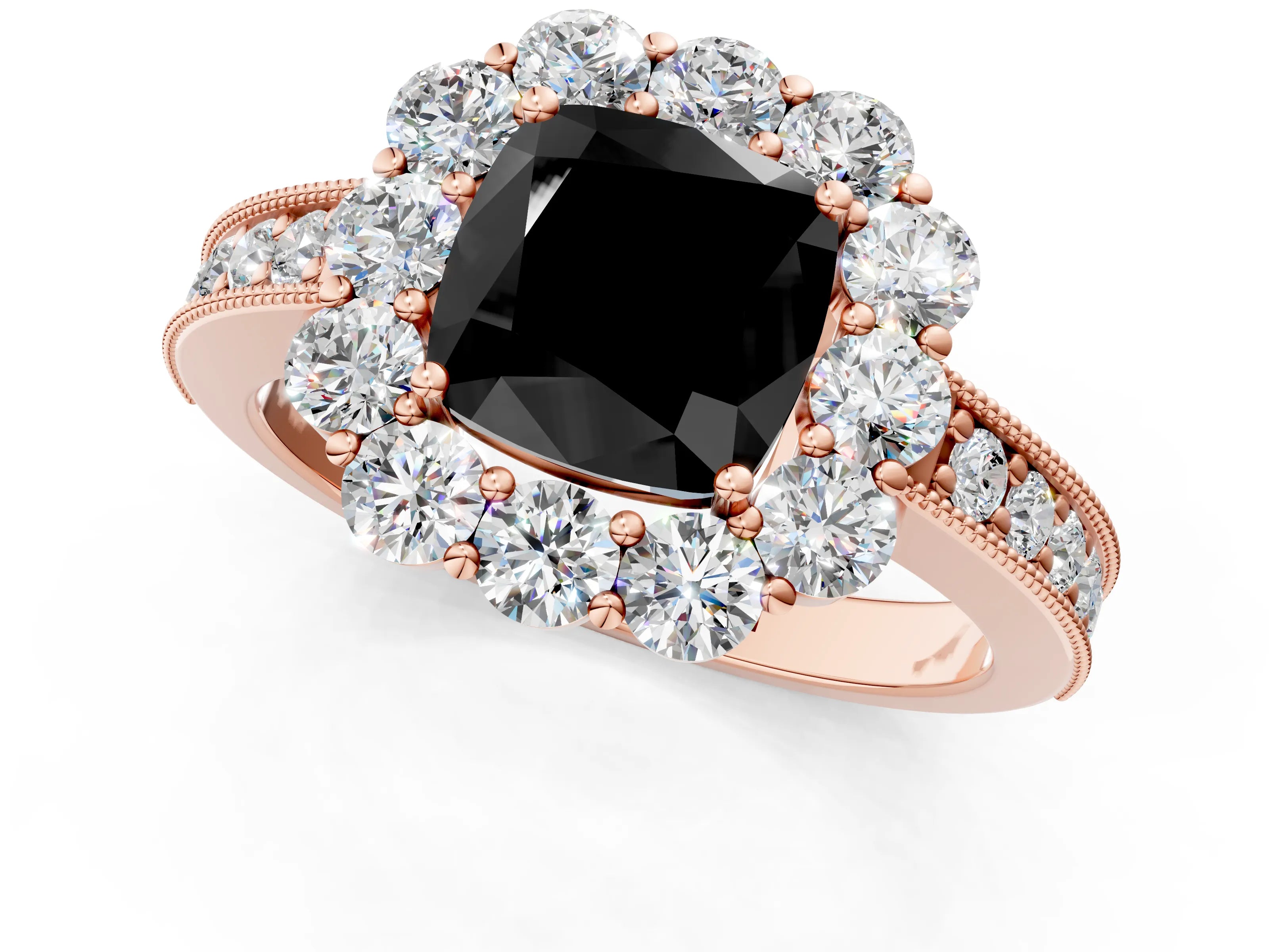 Rose gold Fancy Black Cushion Cut Cut Halo Diamond Pavé Engagement Ring with Milgrain Detailing_1