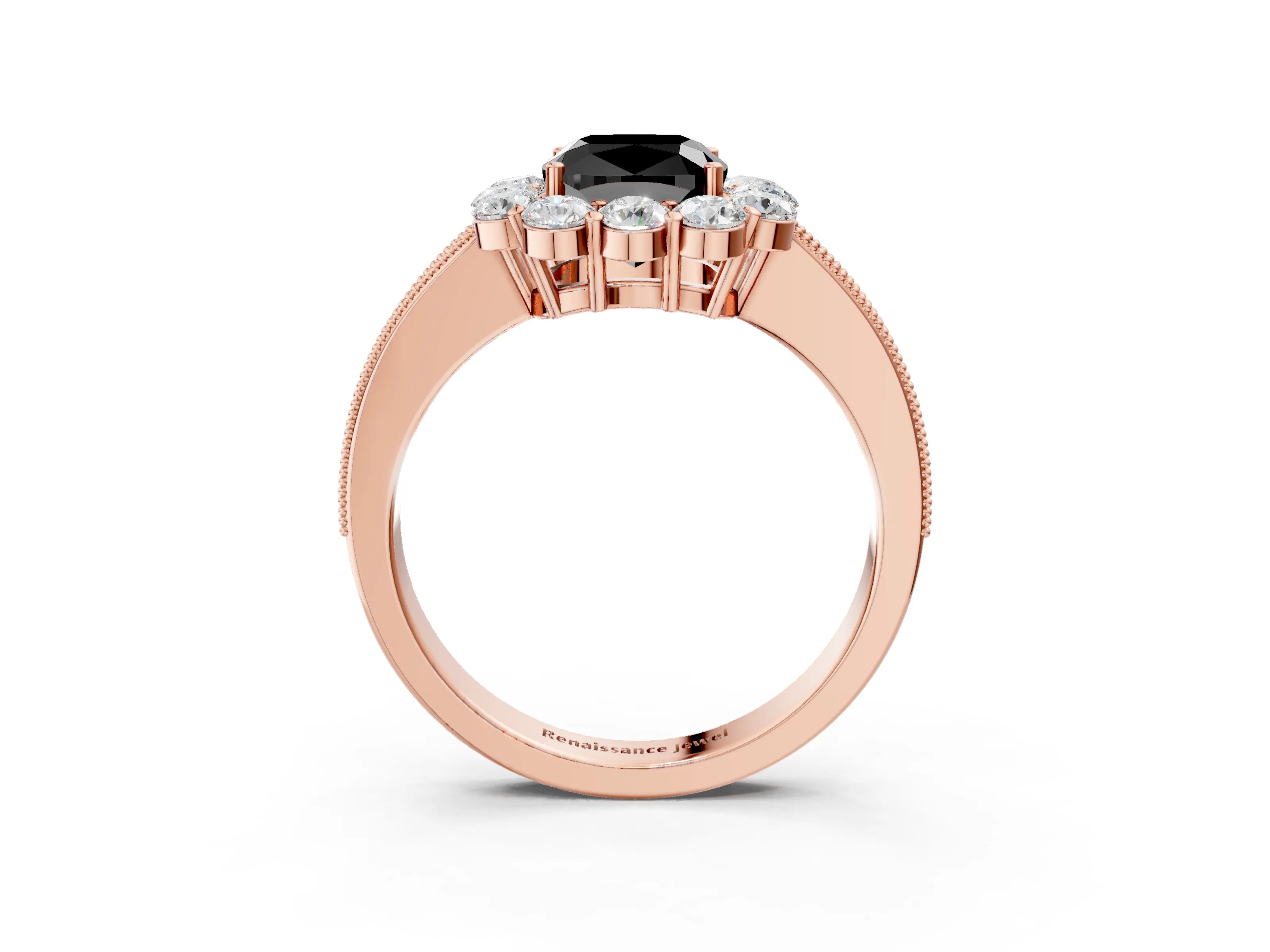 Rose gold Fancy Black Cushion Cut Cut Halo Diamond Pavé Engagement Ring with Milgrain Detailing_3