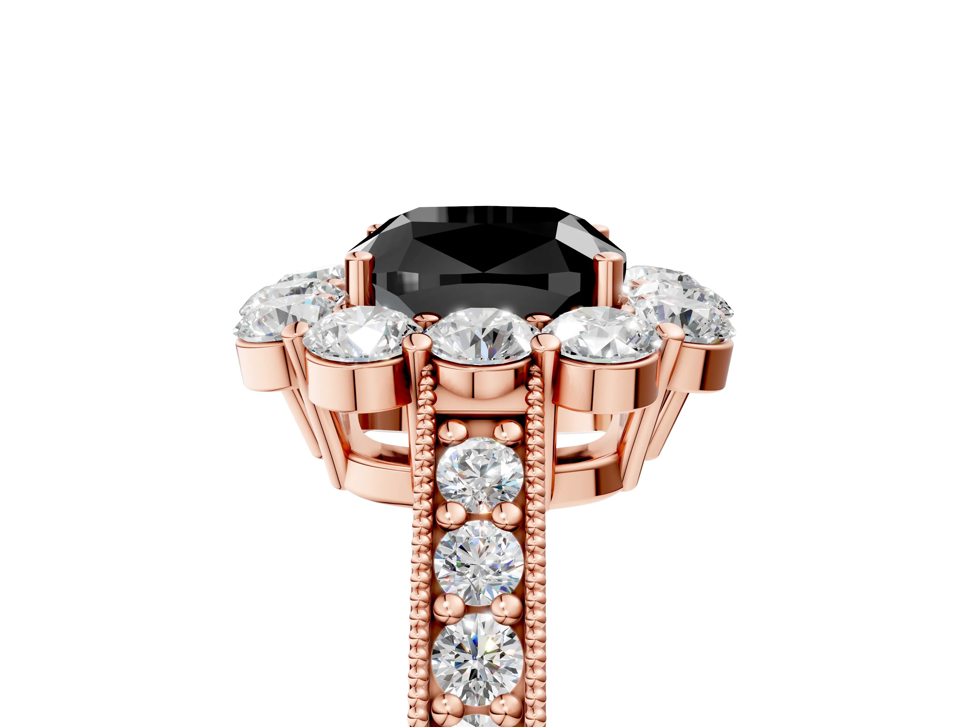Rose gold Fancy Black Cushion Cut Cut Halo Diamond Pavé Engagement Ring with Milgrain Detailing_5