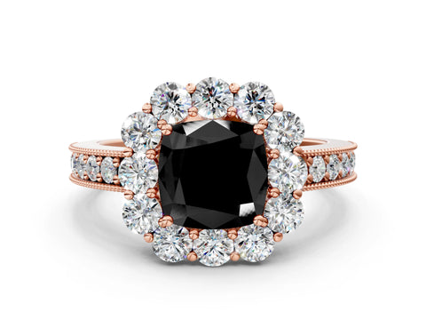 Rose gold Fancy Black Cushion Cut Cut Halo Diamond Pavé Engagement Ring with Milgrain Detailing