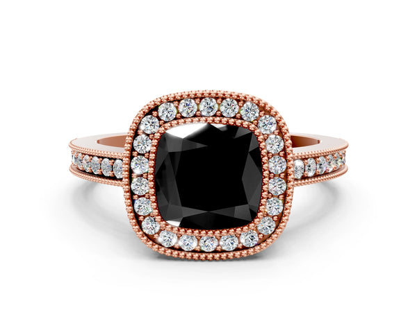 Rose Gold Cushion Cut Double Milgrain Halo Engagement Ring Setting for Black Center
