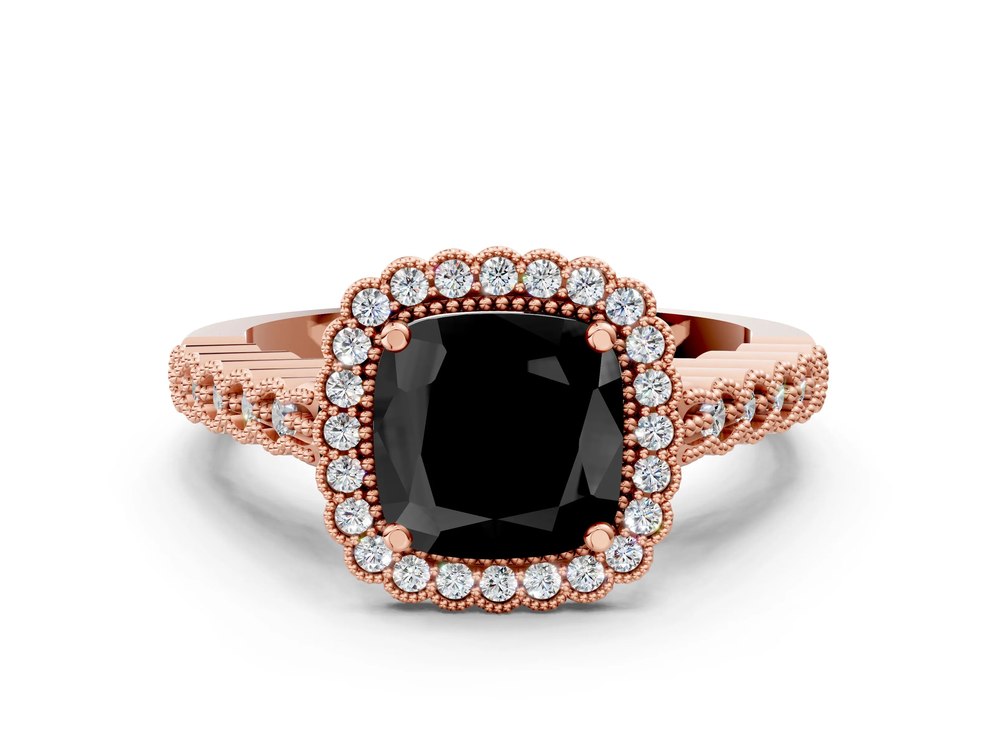 Rose gold Fancy Black Cushion Cut Cut Halo Pavé Solitaire Ring with Milgrain Band