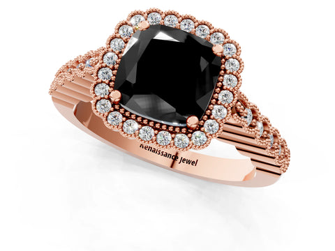 Rose gold Fancy Black Cushion Cut Cut Halo Pavé Solitaire Ring with Milgrain Band_1
