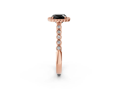 Rose gold Fancy Black Cushion Cut Cut Halo Pavé Solitaire Ring with Milgrain Band_2