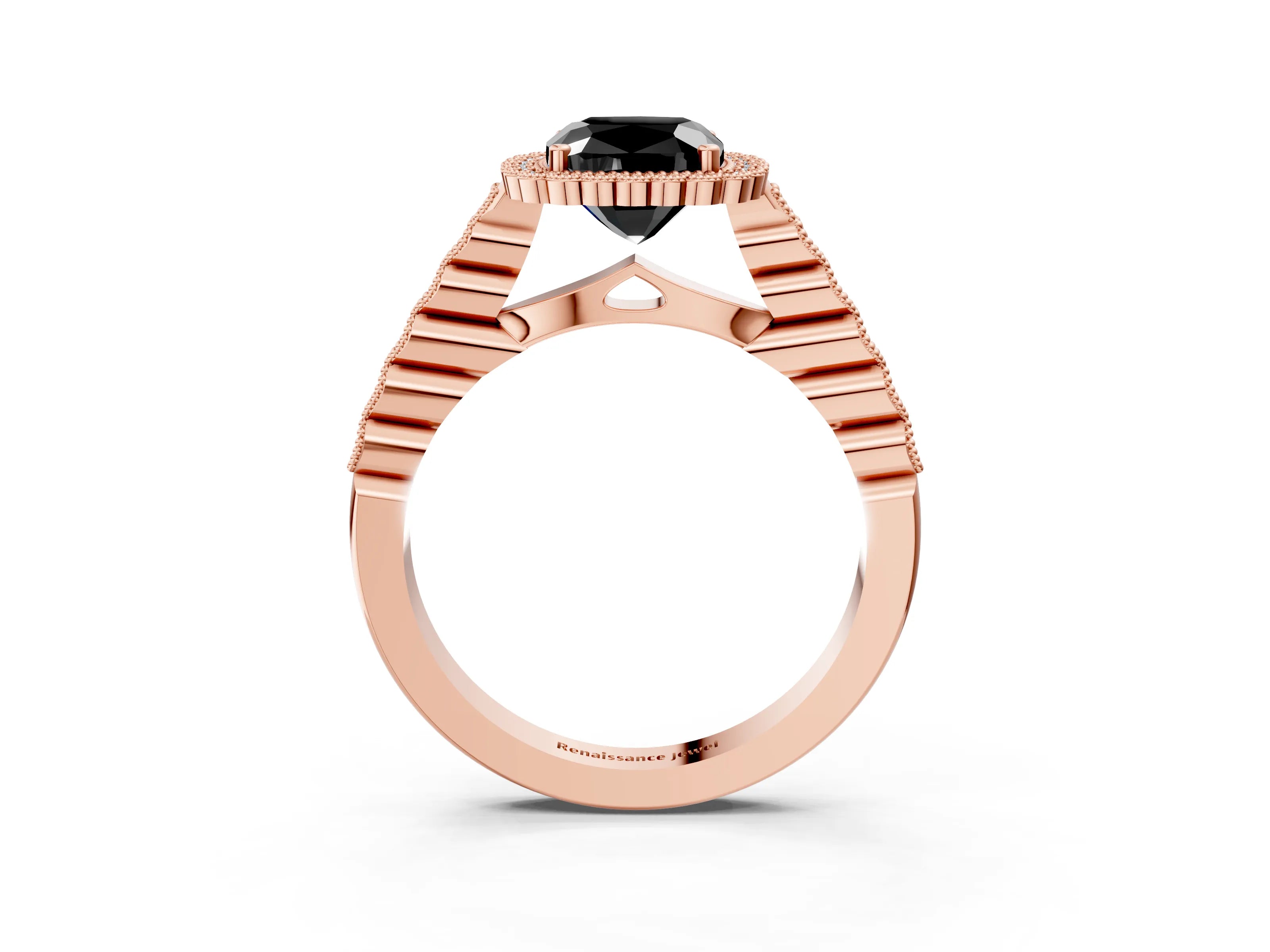 Rose gold Fancy Black Cushion Cut Cut Halo Pavé Solitaire Ring with Milgrain Band_3