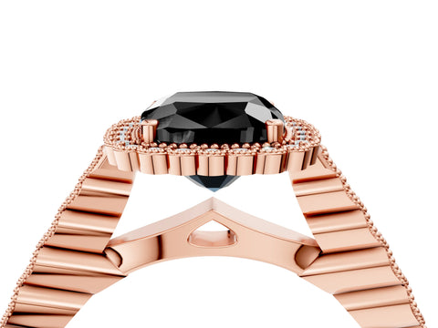 Rose gold Fancy Black Cushion Cut Cut Halo Pavé Solitaire Ring with Milgrain Band_4