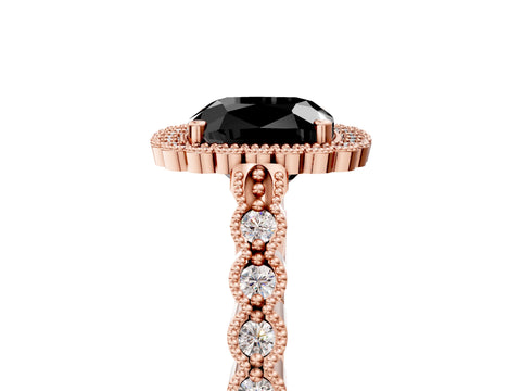 Rose gold Fancy Black Cushion Cut Cut Halo Pavé Solitaire Ring with Milgrain Band_5