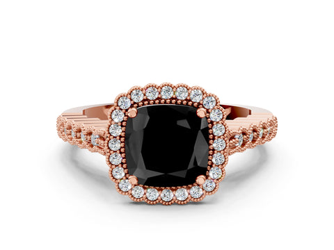 Rose gold Fancy Black Cushion Cut Cut Halo Pavé Solitaire Ring with Milgrain Band