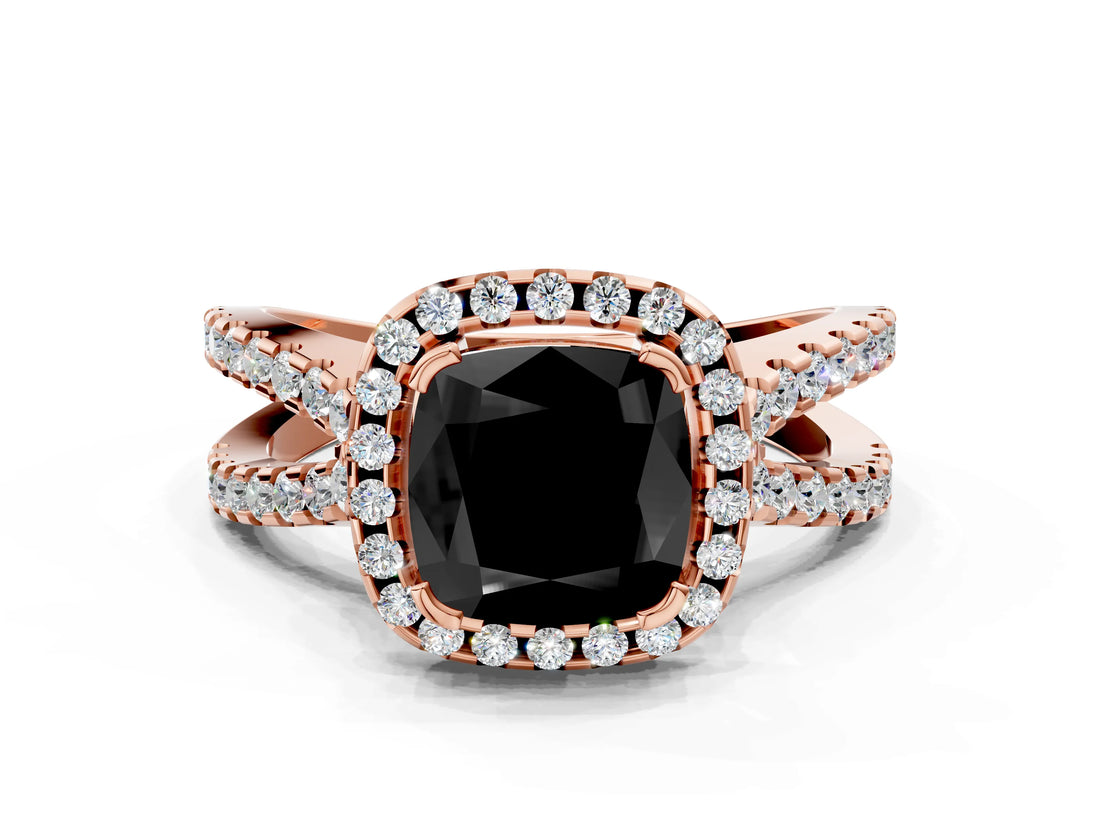 Rose gold Fancy Black Cushion Cut Cut Halo Split Shank Pave Set Ring